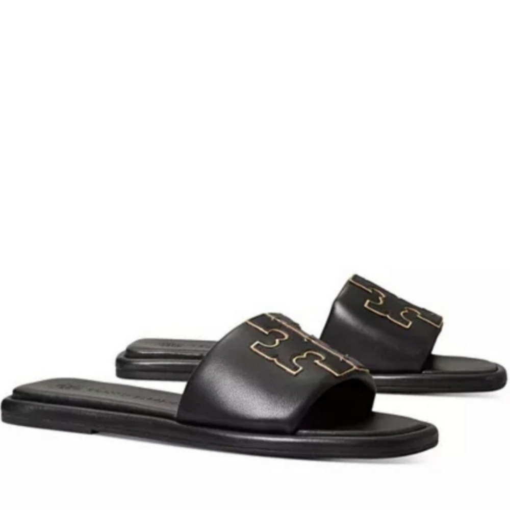 Tory Burch Double T Sport Slides Sandals Black Size 9